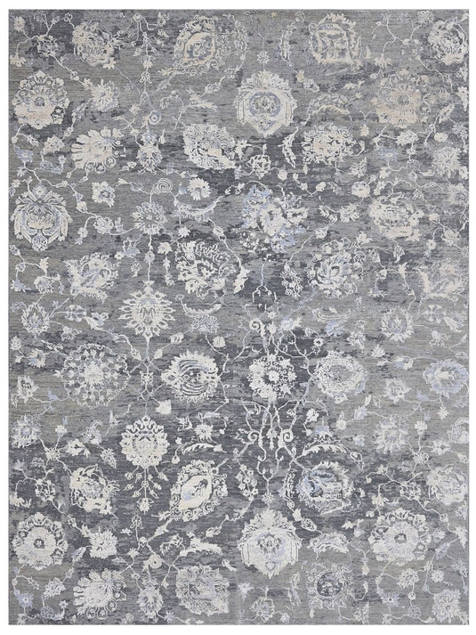 The Ambiente Bcim_29 Wh_grey Blue Elegance Floral Hand Knotted Wool & Bamboo Silk Rugs