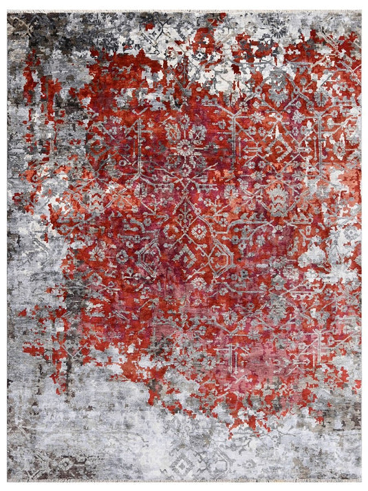 The Ambiente Dn_38 Brown Red Dynasty Transitional Erased Floral Hand Knotted Bamboo Silk Rugs