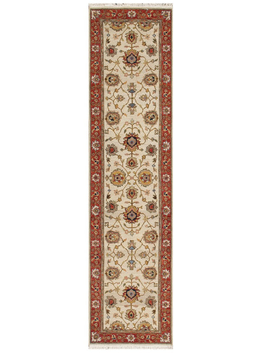 The Ambiente M_6 Ivory Red Elegance Traditional Floral Hand Knotted Wool Rugs