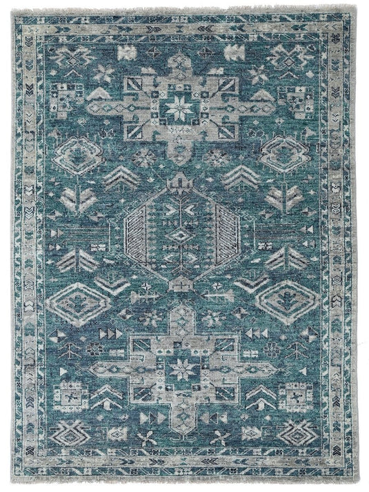 The Ambiente Mg_15 Turquoise Handknotted Wool Classic Floral Tribal Erased Hand Knotted Rugs