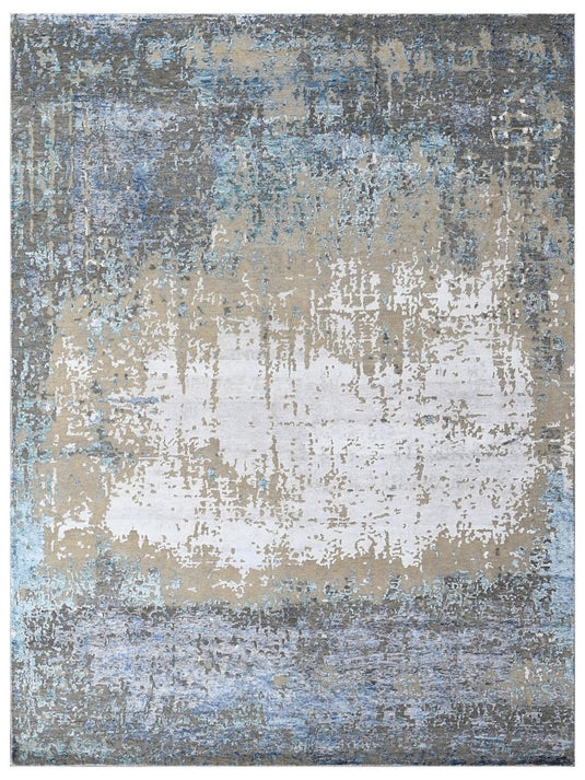 The Ambiente Rd_133 Silver Blue Canvas Modern Hand Knotted Wool & Bamboo Silk Rugs