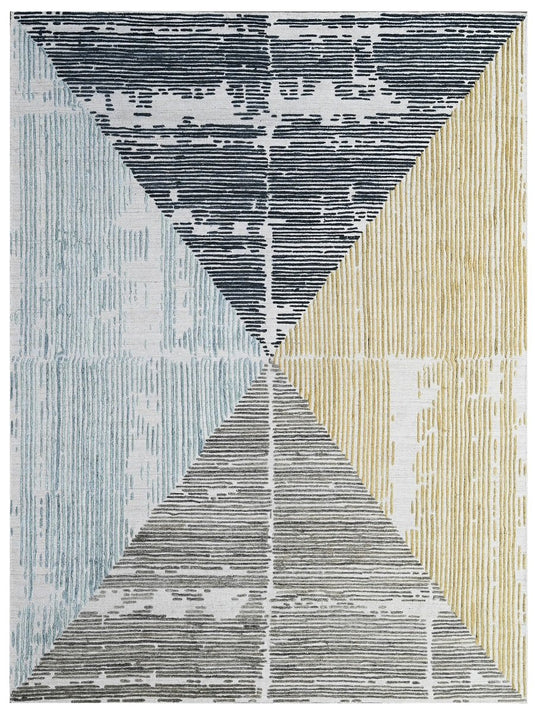 The Ambiente Zr_435 Grey Gold Expressionist Textured Geometric Handloom Wool & Bamboo Silk Rugs