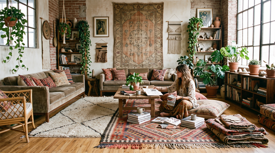 Living room with layered patterned rugs, a wall-hung textile, plants and fabric samples