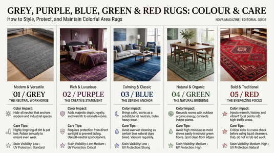 Illustrated guide showing grey, purple, blue, green and red rugs in different room settings