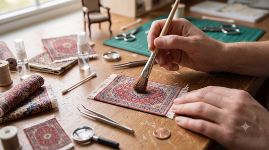 Hands using a soft brush on a small patterned dollhouse rug at a work table