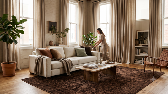 How to Style Brown Rugs with Sofas, Curtains and Flooring
