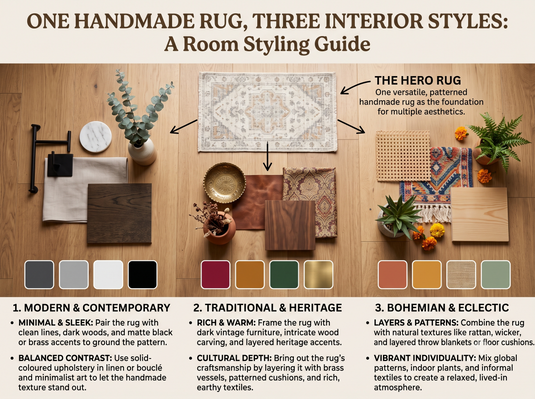 One Handmade Rug, Three Interior Styles: A Room Styling Guide
