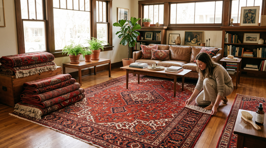 Red patterned rugs in a living room, with a woman examining the fringe of a floor rug