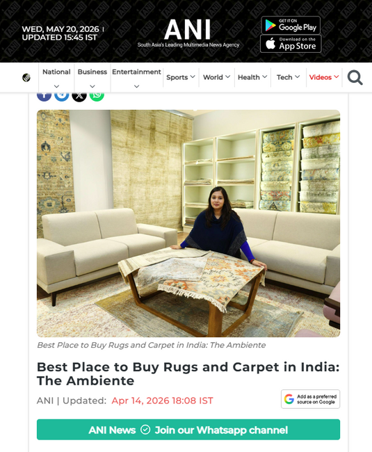 Featured in ANI News for Best place to buy rugs & carpet in India