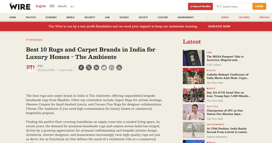 Featured in The Wire for Best 10 Rugs and Carpet Brands in India for Luxury Homes - The Ambiente