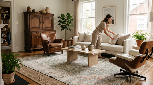 Transitional Rugs: Muted Colours and Mixed Furniture Styles