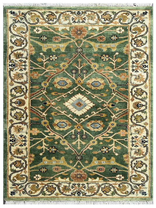 The Ambiente 646_green Ivory Elegance Floral Hand Knotted Wool Rugs