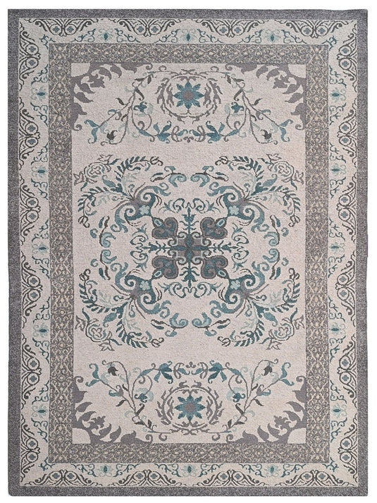 The Ambiente 653 Tan Blue Sumac Textured Geometric Floral Hand Knotted Wool Rugs