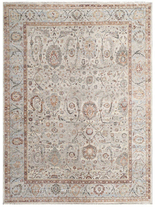 The Ambiente Bc_123 Ox Beige Silver Baroque Traditional Floral Hand Knotted Wool Rugs