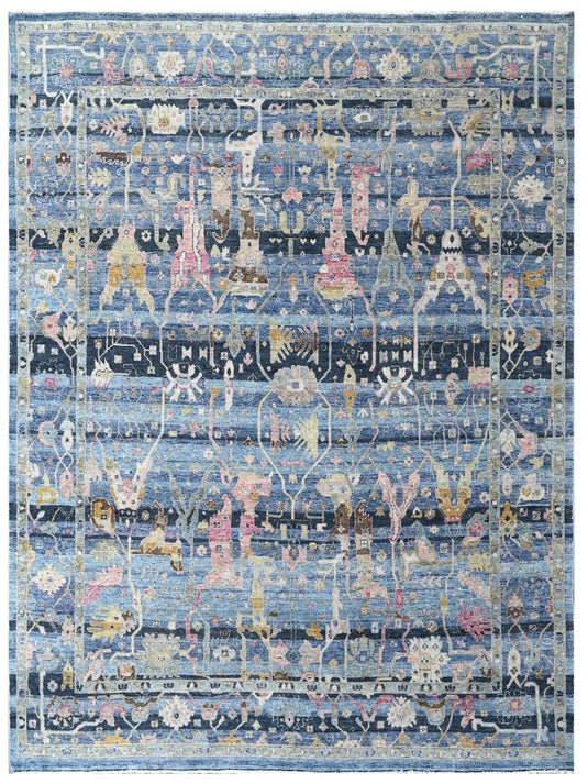 The Ambiente Bc_232 Ox Blue Baroque Transitional Floral Hand Knotted Wool Rugs