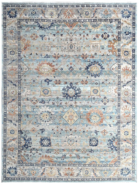 The Ambiente Bc_233 Ox Sky Blue Beige Baroque Traditional Floral Hand Knotted Wool Rugs