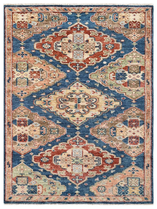 The Ambiente HP_1 Blue Traditional Classic Floral Geometric Hand Knotted Wool Rugs