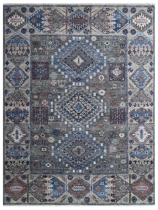 The Ambiente HP_187 Charcoal Sage Green Traditional Hand Knotted Wool Classic Rugs