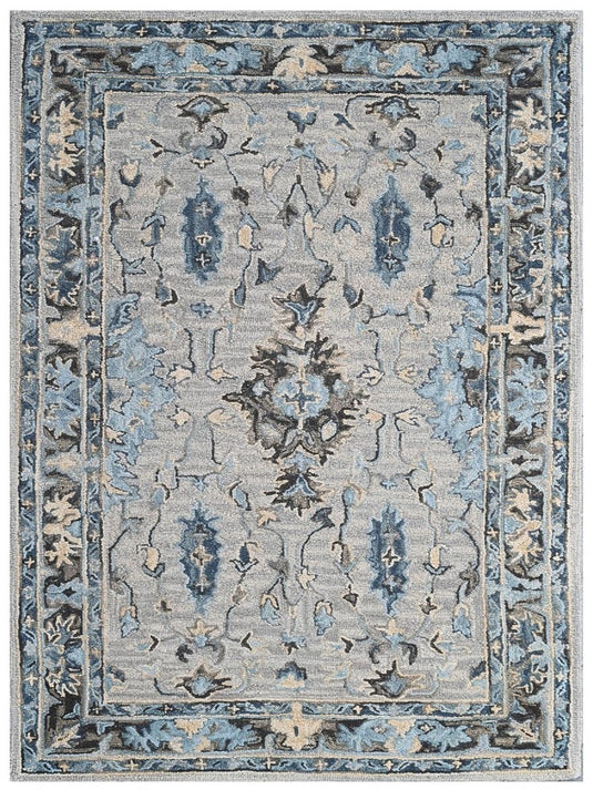 The Ambiente Hpt_13 Beige Gold Blue Ornate Floral Hand Tufted Wool Rugs