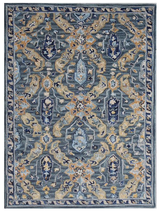 The Ambiente Hpt_19 M.blue Ornate Tribal Floral Hand Tufted Wool Rugs