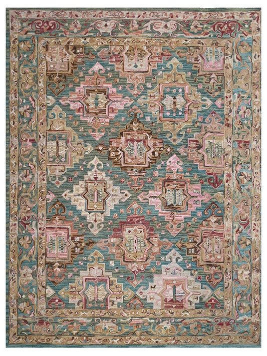 The Ambiente Hpt_21 Turquoise Beige Ornate Traditional Floral Hand Tufted Wool Rugs