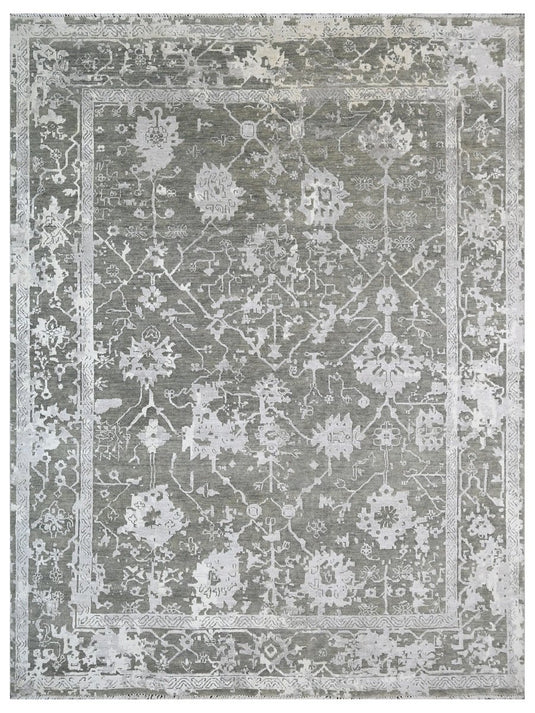 The Ambiente Krz_53 Silver Transitional Elegance Floral Hand Knotted Wool &amp; Bamboo Silk Rugs