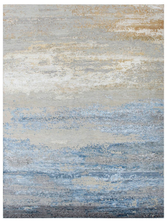 The Ambiente Rdw_25 BS Gold Blue Canvas Modern Hand Knotted Wool &amp; Bamboo Silk Rugs