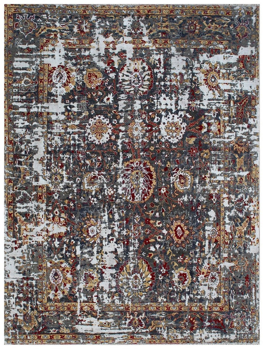The Ambiente Rje_01 Silver D.grey Dynasty Floral Erased Hand Knotted Wool &amp; Bamboo Silk Rugs