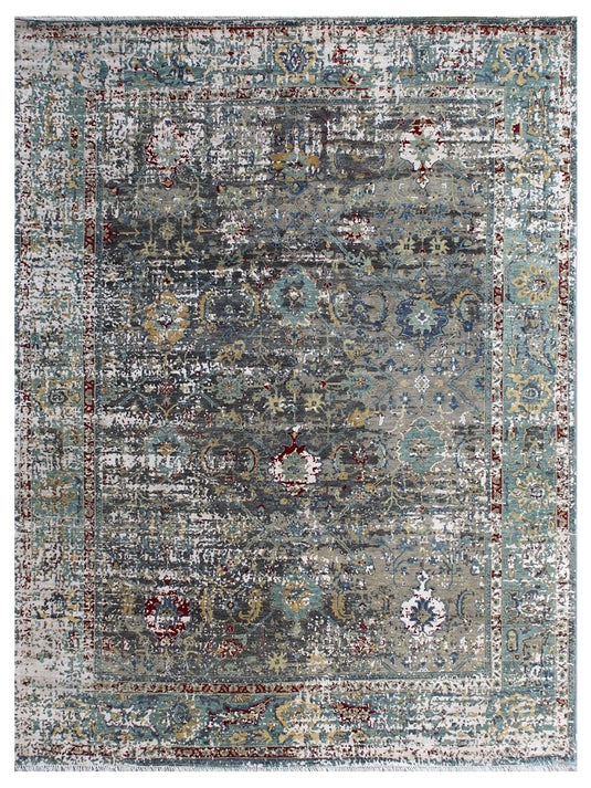 The Ambiente Rje_07 Charcoal Blue Dynasty Floral Erased Hand Knotted Wool &amp; Bamboo Silk Rugs