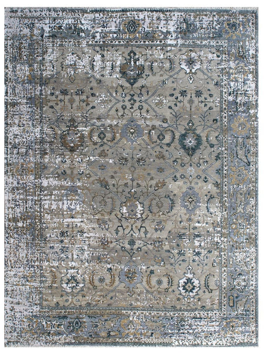 The Ambiente Rje_07 Grey Blue Dynasty Floral Erased Hand Knotted Wool &amp; Bamboo Silk Rugs