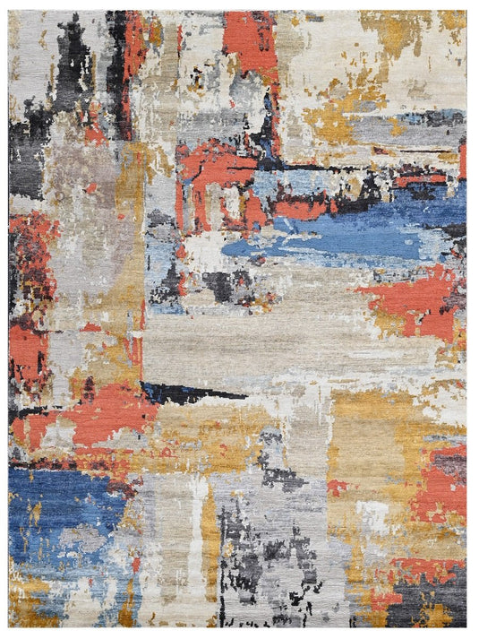 The Ambiente Rn_182 Silver Blue Rust Bamboo Silk Hand Knotted Rugs