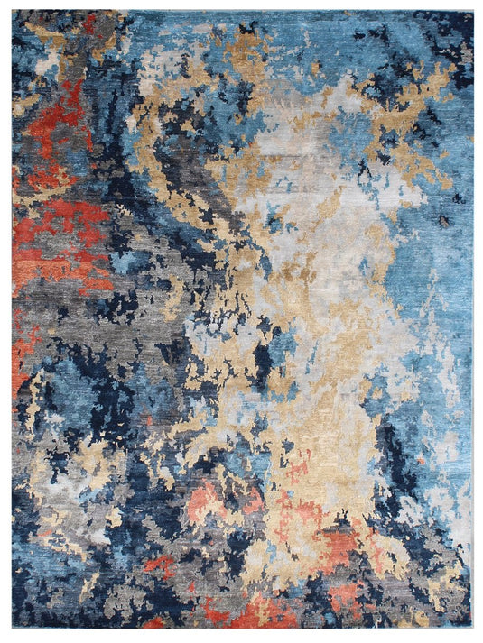 The Ambiente Rn_7 Blue Gold Bamboo Silk Hand Knotted Rugs