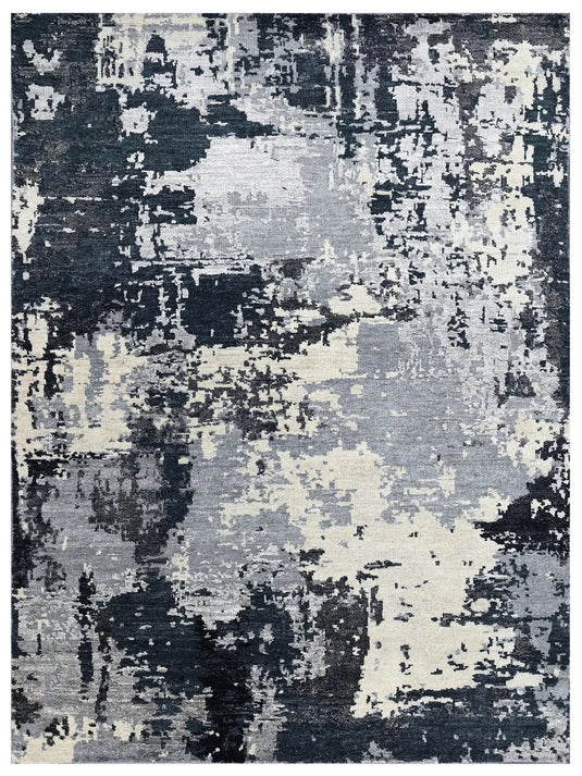 The Ambiente Rr_27 White Charcoal Modern Ricard Hand Knotted Wool &amp; Bamboo Silk Rugs