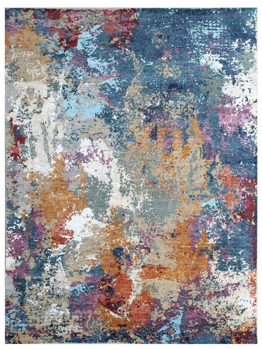 The Ambiente Rr_34_h Silver Blue Rust Ricard Modern Hand Knotted Bamboo Silk Rugs