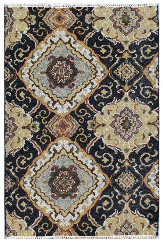 The Ambiente Tr_344 Black Gold Sumac Geometric Hand Knotted Wool Rugs