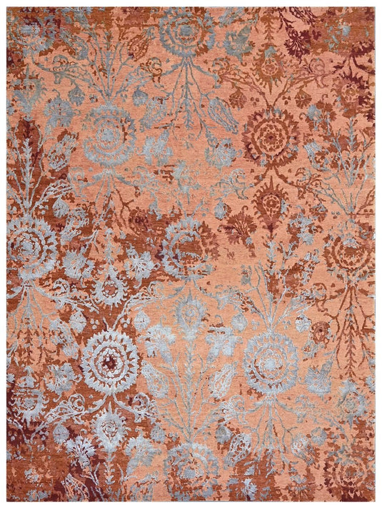 The Ambiente Vk_1 Orange Baroque Transitional Floral Hand Knotted Wool &amp; Bamboo Silk Rugs