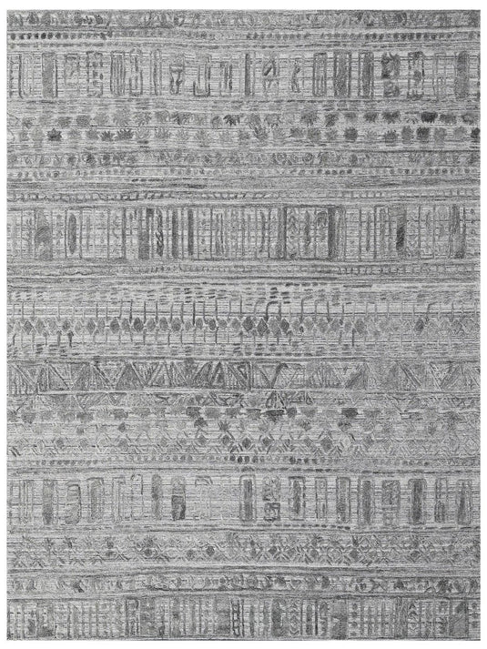 The Ambiente Zr_180 L Charcoal Expressionist Tribal Textured Handloom Wool &amp; Bamboo Silk Rugs