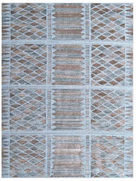 The Ambiente Zr_329 Turquoise Expressionist Textured Geometric Handloom Wool &amp; Bamboo Silk Rugs