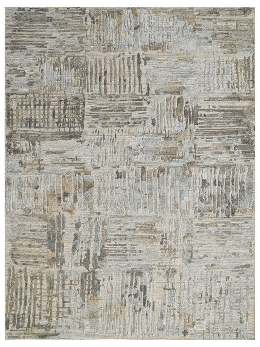 The Ambiente Zr_338 Beige Blue Expressionist Modern Geometric Textured Handloom Wool &amp; Bamboo Silk Rugs