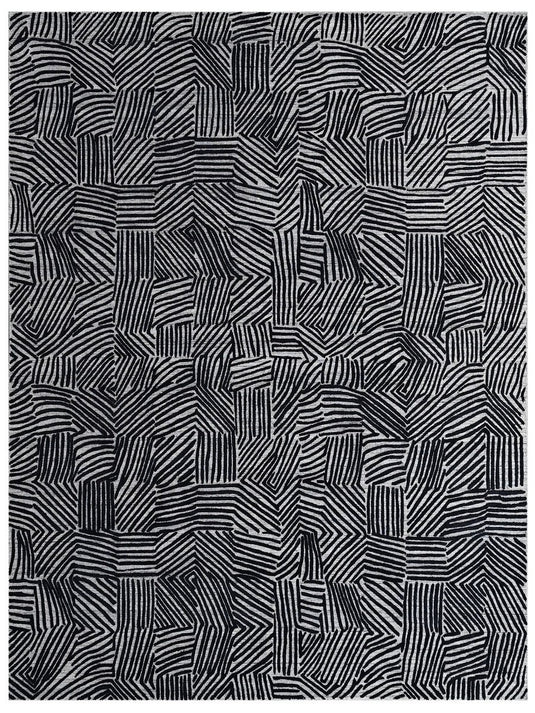 The Ambiente Zr_377 Grey Charcoal Expressionist Textured Geometric Handloom Wool &amp; Bamboo Silk Rugs