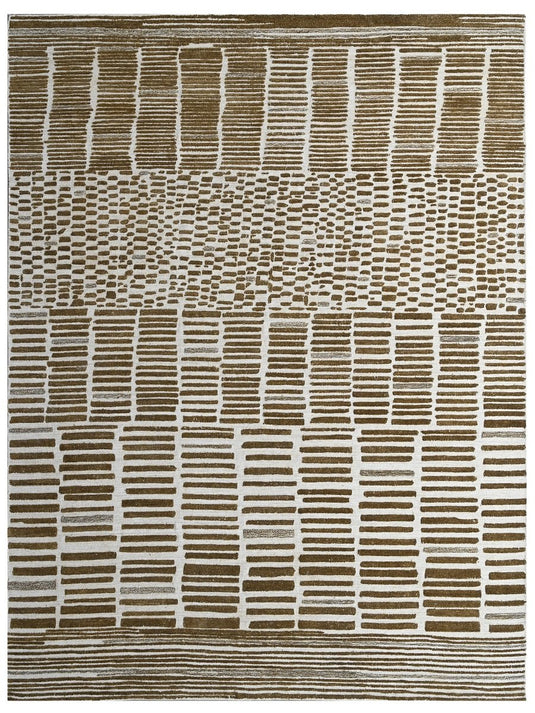 The Ambiente Zr_424 Nv Cream Brown Expressionist Textured Geometric Handloom Wool &amp; Bamboo Silk Rugs