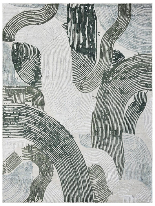 The Ambiente Zr_433 Grey Green Expressionist Modern Geometric Textured Handloom Wool &amp; Bamboo Silk Rugs