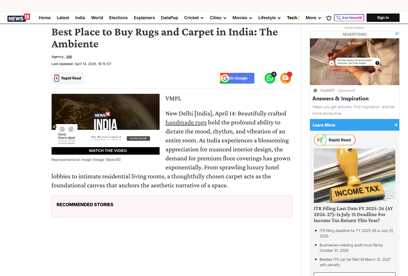 You are currently viewing Featured in The News 18 for Best place to buy rugs & carpet in India